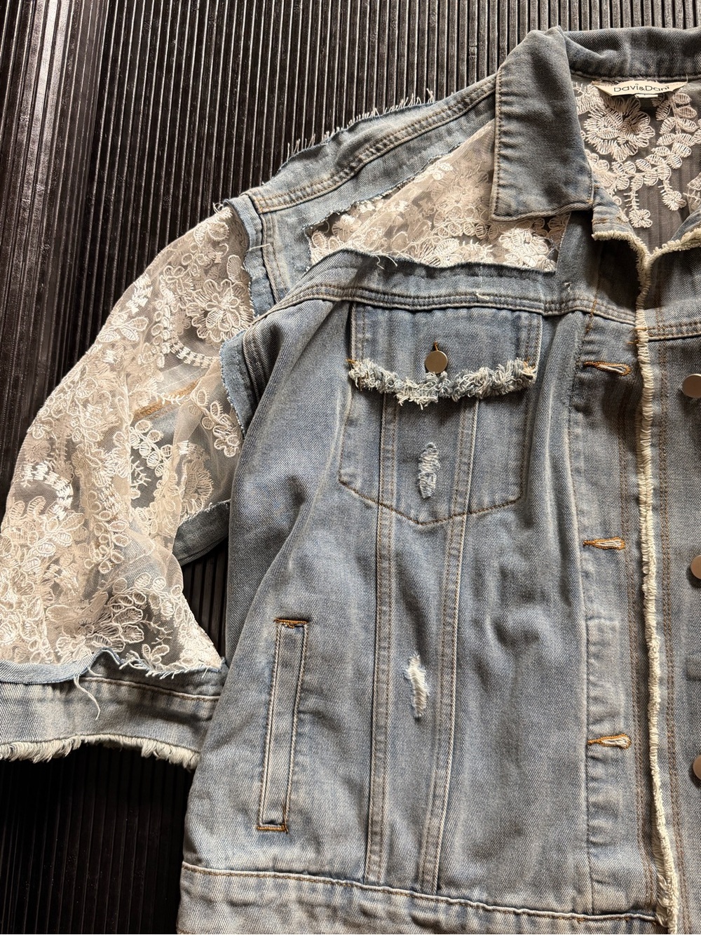 Anthropologie Light Blue Denim Jacket with Ivory Lace Sleeves